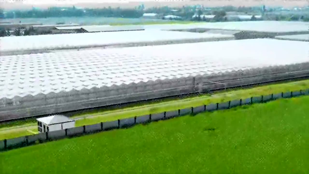 Greenhouses from the air beside a green field